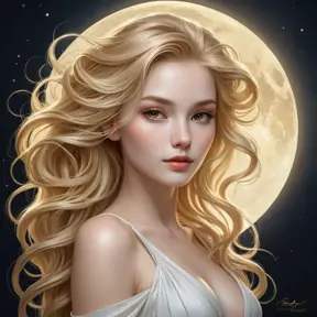 An ethereal woman with porcelain skin and cascading golden locks, illuminated by the soft glow of a full moon, Highly Detailed, Half Body, Gorgeous, Stunning, Elegant by Stanley Artgerm Lau