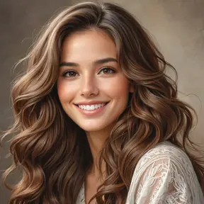 A dreamily beautiful woman with long, wavy brown hair, soft brown eyes, and a gentle smile, radiating warmth and kindness, Highly Detailed, Half Body, Gorgeous, Stunning, Elegant by Stanley Artgerm Lau