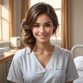 A gentle and compassionate nurse with a kind smile and warm, honey-brown eyes, set against a cozy and intimate hospital room, Highly Detailed, Half Body, Gorgeous, Stunning, Elegant by Stanley Artgerm Lau