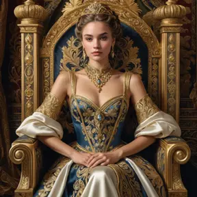 A regal woman with braided updo, wearing an elaborate gown fit for a queen, with gold filigree and rich, deep satin textures, in a grand throne room adorned with tapestries, Highly Detailed, Half Body, Gorgeous, Stunning, Elegant by Stanley Artgerm Lau