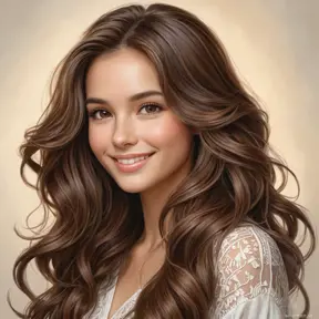 A dreamily beautiful woman with long, wavy brown hair, soft brown eyes, and a gentle smile, radiating warmth and kindness, Highly Detailed, Half Body, Gorgeous, Stunning, Elegant by Stanley Artgerm Lau