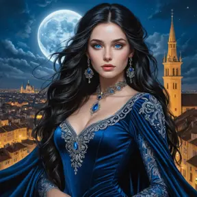 A mysterious woman with long raven hair, piercing blue eyes, and a form-fitting velvet dress, set against a backdrop of a moonlit Renaissance cityscape, Highly Detailed, Half Body, Gorgeous, Stunning, Elegant by Stanley Artgerm Lau