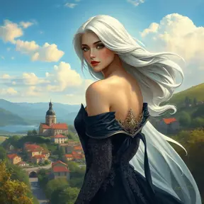 A majestic lady with an enigmatic smile and platinum hair, standing atop a hill overlooking a picturesque village, Highly Detailed, Half Body, Gorgeous, Stunning, Elegant by Stanley Artgerm Lau