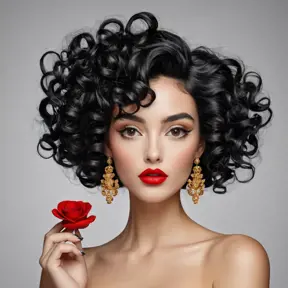 A stunning woman reminiscent of Salvador Dali's 'Gala', with bold red lips and curly black hair, Highly Detailed, Half Body, Gorgeous, Stunning, Elegant