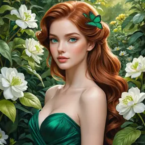 A graceful lady with striking emerald eyes and auburn tresses, elegantly poised in a lush, blooming garden, Highly Detailed, Half Body, Gorgeous, Stunning, Elegant by Stanley Artgerm Lau