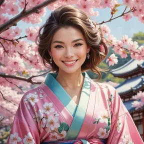 A beautiful woman with a radiant smile, surrounded by blooming cherry blossom trees, wearing a colorful kimono, capturing the essence of spring and renewal in her expression., Highly Detailed, Half Body, Gorgeous, Stunning, Elegant by Stanley Artgerm Lau