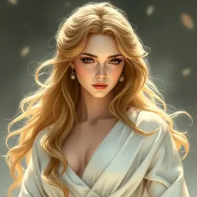 a timeless goddess with cascading golden hair and a serene expression, draped in flowing white robes, Highly Detailed, Half Body, Gorgeous, Stunning, Elegant by Stanley Artgerm Lau