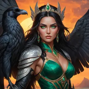 A strong and regal warrior queen with piercing emerald eyes and raven-black hair, set against a fiery sunset, Highly Detailed, Half Body, Gorgeous, Stunning, Elegant by Stanley Artgerm Lau