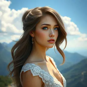 a stunning woman with piercing blue eyes, gazing out at a breathtaking mountain vista, Highly Detailed, Half Body, Gorgeous, Stunning, Elegant by Stanley Artgerm Lau