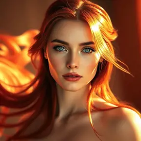 a stunningly beautiful woman with flowing red hair and piercing blue eyes, illuminated by warm sunlight, Highly Detailed, Half Body, Gorgeous, Stunning, Elegant by Stanley Artgerm Lau