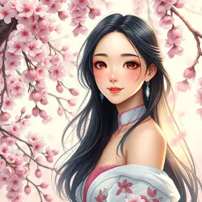 A radiant woman with a gentle smile and raven hair, surrounded by a cascade of cherry blossoms in spring, Highly Detailed, Half Body, Gorgeous, Stunning, Elegant by Stanley Artgerm Lau