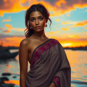 A gorgeous woman with glowing olive skin, wearing a traditional silk sari, standing by a river at sunset, the sky ablaze with colors, the water reflecting the vibrant hues, serene expression, richly detailed, Highly Detailed, Half Body, Gorgeous, Stunning, Elegant by Stanley Artgerm Lau