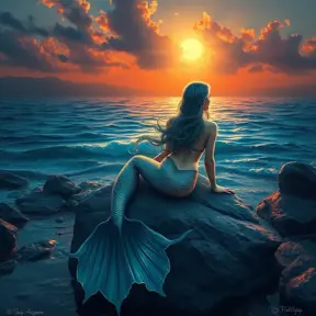 A mystical mermaid sitting on a rock by the shore at sunset, Highly Detailed, Half Body, Gorgeous, Stunning, Elegant by Stanley Artgerm Lau