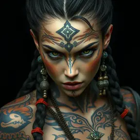 a fierce warrior queen with intricate tattoos and braided hair adorned with beads, her gaze commanding respect, Highly Detailed, Half Body, Gorgeous, Stunning, Elegant by Stanley Artgerm Lau