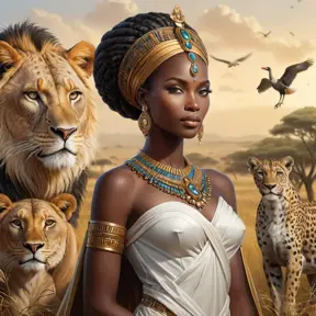 An elegant queen from ancient Africa, surrounded by wildlife in her kingdom, Highly Detailed, Half Body, Gorgeous, Stunning, Elegant by Stanley Artgerm Lau