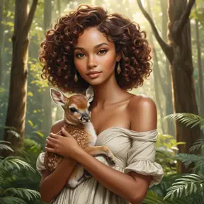 A captivating vision of a woman with warm brown skin and mahogany curls, cradling a small fawn in her arms while surrounded by a lush, sunlit forest, dressed in simple yet elegant earth-toned garments., Highly Detailed, Half Body, Gorgeous, Stunning, Elegant by Stanley Artgerm Lau