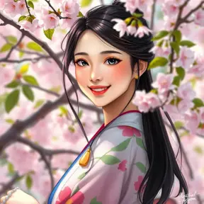 A beautiful woman with a radiant smile, surrounded by blooming cherry blossom trees, wearing a colorful kimono, capturing the essence of spring and renewal in her expression., Highly Detailed, Half Body, Gorgeous, Stunning, Elegant by Stanley Artgerm Lau