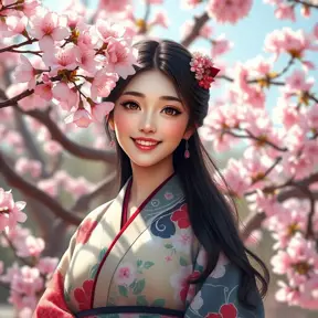 A beautiful woman with a radiant smile, surrounded by blooming cherry blossom trees, wearing a colorful kimono, capturing the essence of spring and renewal in her expression., Highly Detailed, Half Body, Gorgeous, Stunning, Elegant by Stanley Artgerm Lau