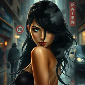 A mysterious and alluring femme fatale with piercing sapphire eyes and raven-black hair, shrouded in smoke and shadows on a rain-soaked city street, Highly Detailed, Half Body, Gorgeous, Stunning, Elegant by Stanley Artgerm Lau