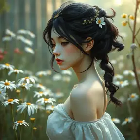 Ethereal beauty with skin as porcelain and hair as night sky, standing amidst an ancient, overgrown garden filled with moonflowers., Highly Detailed, Half Body, Gorgeous, Stunning, Elegant by Stanley Artgerm Lau