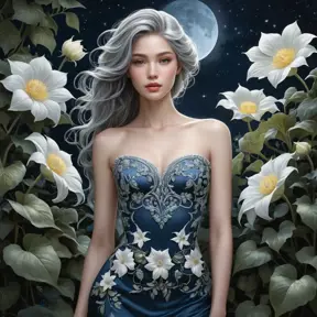 Ethereal beauty with skin as porcelain and hair as night sky, standing amidst an ancient, overgrown garden filled with moonflowers., Highly Detailed, Half Body, Gorgeous, Stunning, Elegant by Stanley Artgerm Lau