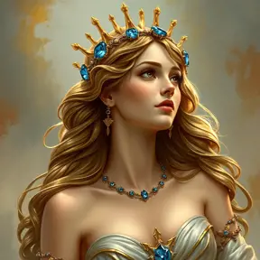 A radiant goddess from ancient Greece, adorned with golden laurels and sapphires, her tawny tresses cascading down her back like a waterfall., Highly Detailed, Half Body, Gorgeous, Stunning, Elegant by Stanley Artgerm Lau