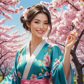 A beautiful woman with a radiant smile, surrounded by blooming cherry blossom trees, wearing a colorful kimono, capturing the essence of spring and renewal in her expression., Highly Detailed, Half Body, Gorgeous, Stunning, Elegant by Stanley Artgerm Lau