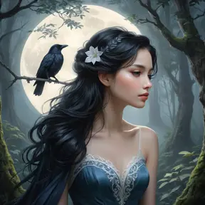 A serene moonlit beauty with porcelain skin and raven hair, lost in thought beneath a misty forest canopy., Highly Detailed, Half Body, Gorgeous, Stunning, Elegant by Stanley Artgerm Lau