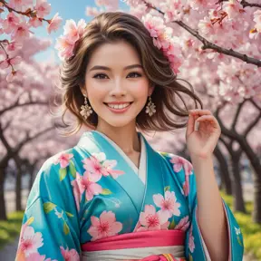 A beautiful woman with a radiant smile, surrounded by blooming cherry blossom trees, wearing a colorful kimono, capturing the essence of spring and renewal in her expression., Highly Detailed, Half Body, Gorgeous, Stunning, Elegant by Stanley Artgerm Lau