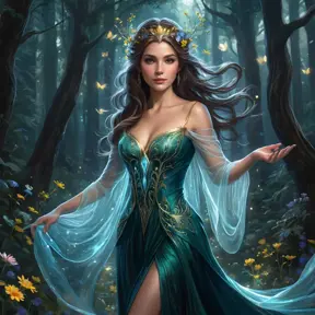 A mystical sorceress in a dark forest, her luminescent gown shimmering with magic, wildflowers blooming at her feet, casting spells as swirling lights dance around her., Highly Detailed, Half Body, Gorgeous, Stunning, Elegant by Stanley Artgerm Lau