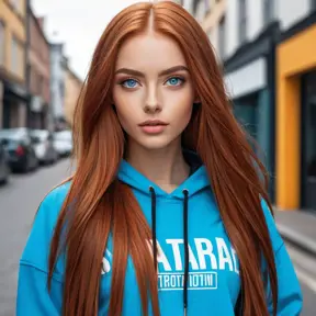 A stunning woman with long, straight red hair and bright blue eyes, posing in a trendy streetwear outfit, Highly Detailed, Half Body, Gorgeous, Stunning, Elegant