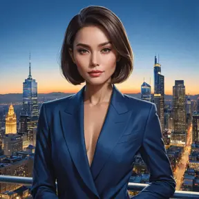 A confident woman with a sleek bob haircut, sharp features, and a tailored power suit, commanding attention in a modern metropolis skyline during the blue hour, Highly Detailed, Half Body, Gorgeous, Stunning, Elegant by Stanley Artgerm Lau