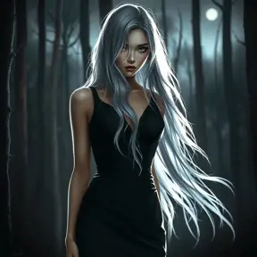 A mysterious woman with long silver hair, dressed in a sleek black gown, standing in a moonlit forest, shadows casting over her face, a mystical aura surrounding her, dramatic lighting, high contrast, Highly Detailed, Half Body, Gorgeous, Stunning, Elegant by Stanley Artgerm Lau