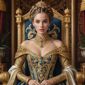 A regal woman with braided updo, wearing an elaborate gown fit for a queen, with gold filigree and rich, deep satin textures, in a grand throne room adorned with tapestries, Highly Detailed, Half Body, Gorgeous, Stunning, Elegant by Stanley Artgerm Lau