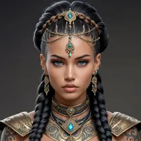 a fierce warrior queen with intricate tattoos and braided hair adorned with beads, her gaze commanding respect, Highly Detailed, Half Body, Gorgeous, Stunning, Elegant by Stanley Artgerm Lau