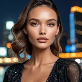 a captivating model with high cheekbones and full lips, posing for a fashion photoshoot against a backdrop of city lights, Highly Detailed, Half Body, Gorgeous, Stunning, Elegant by Stanley Artgerm Lau