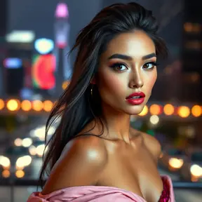 a captivating model with high cheekbones and full lips, posing for a fashion photoshoot against a backdrop of city lights, Highly Detailed, Half Body, Gorgeous, Stunning, Elegant by Stanley Artgerm Lau