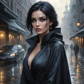 A mysterious and alluring femme fatale with piercing sapphire eyes and raven-black hair, shrouded in smoke and shadows on a rain-soaked city street, Highly Detailed, Half Body, Gorgeous, Stunning, Elegant by Stanley Artgerm Lau