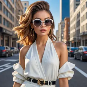 A stylish fashionista in a modern urban setting, sporting a chic outfit and oversized sunglasses, her confident stance and vibrant hairstyle making her the center of attention., Highly Detailed, Half Body, Gorgeous, Stunning, Elegant by Stanley Artgerm Lau