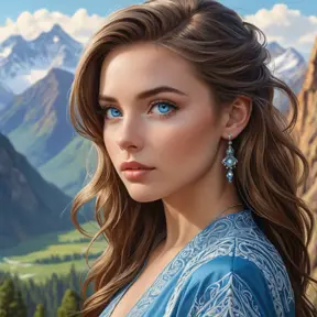 a stunning woman with piercing blue eyes, gazing out at a breathtaking mountain vista, Highly Detailed, Half Body, Gorgeous, Stunning, Elegant by Stanley Artgerm Lau