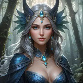 A mystical and enigmatic sorceress with eyes that shimmer like starlight, amidst a dreamlike, mist-shrouded forest, Highly Detailed, Half Body, Gorgeous, Stunning, Elegant by Stanley Artgerm Lau