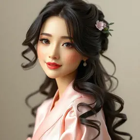 An elegant brunette with soft curls framing her face, dressed in a pastel pink丝绸衫搭配白色短裤，优雅地坐在一把藤椅上，手中拿着一本书, Highly Detailed, Half Body, Gorgeous, Stunning, Elegant by Stanley Artgerm Lau