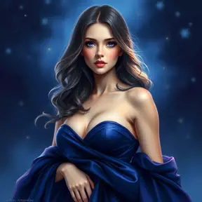 A captivating woman with a mysterious aura and deep violet eyes, draped in a flowing midnight blue gown, Highly Detailed, Half Body, Gorgeous, Stunning, Elegant by Stanley Artgerm Lau