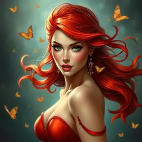 A vibrantly beautiful woman with fiery red hair, emerald green eyes, and a passionate expression, radiating energy and intensity, Highly Detailed, Half Body, Gorgeous, Stunning, Elegant by Stanley Artgerm Lau