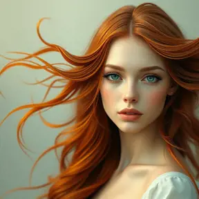 A breathtakingly beautiful woman with flowing auburn hair, emerald eyes, and a delicate porcelain complexion, ethereal and otherworldly, Highly Detailed, Half Body, Gorgeous, Stunning, Elegant by Stanley Artgerm Lau