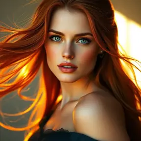 a stunningly beautiful woman with flowing red hair and piercing blue eyes, illuminated by warm sunlight, Highly Detailed, Half Body, Gorgeous, Stunning, Elegant by Stanley Artgerm Lau