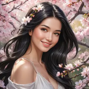 A radiant woman with a gentle smile and raven hair, surrounded by a cascade of cherry blossoms in spring, Highly Detailed, Half Body, Gorgeous, Stunning, Elegant by Stanley Artgerm Lau