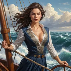 A woman of strength and determination, standing at the helm of a ship as it cuts through turbulent waters, navigating the challenges of life with courage and resilience., Highly Detailed, Half Body, Gorgeous, Stunning, Elegant by Stanley Artgerm Lau