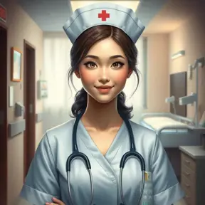 A gentle and compassionate nurse with a kind smile and warm, honey-brown eyes, set against a cozy and intimate hospital room, Highly Detailed, Half Body, Gorgeous, Stunning, Elegant by Stanley Artgerm Lau