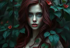 Alluring matte portrait of Poison Ivy in the style of Stefan Kostic, 8k, Highly Detailed, Intricate, Half Body, Matte Painting, Realistic, Sharp Focus, Fantasy by Greg Rutkowski